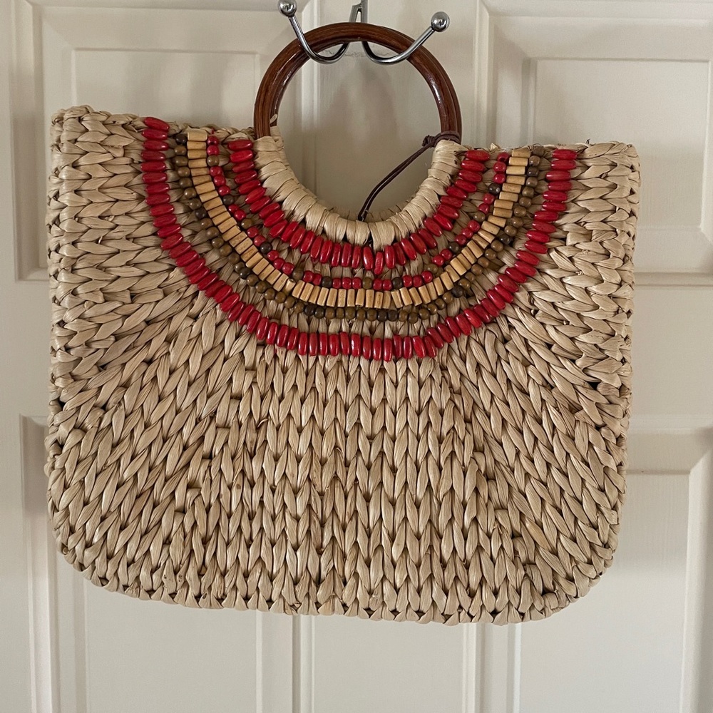 Handcrafted Straw Tote with Red Accents
